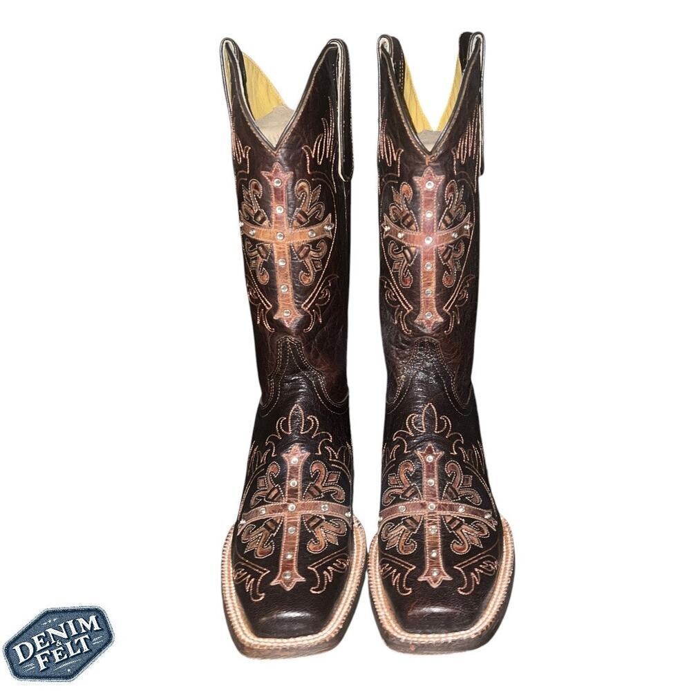 Cavenders Women’s Brown Studded‎ Cross Leather Square Toe Western Boots | NEW!!
